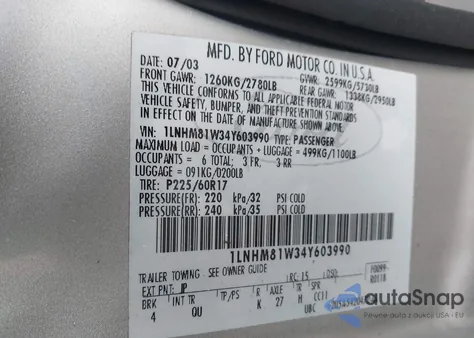 2004 Lincoln Town Car Signature из США, поврежденный, VIN 1LNHM81W34Y603990